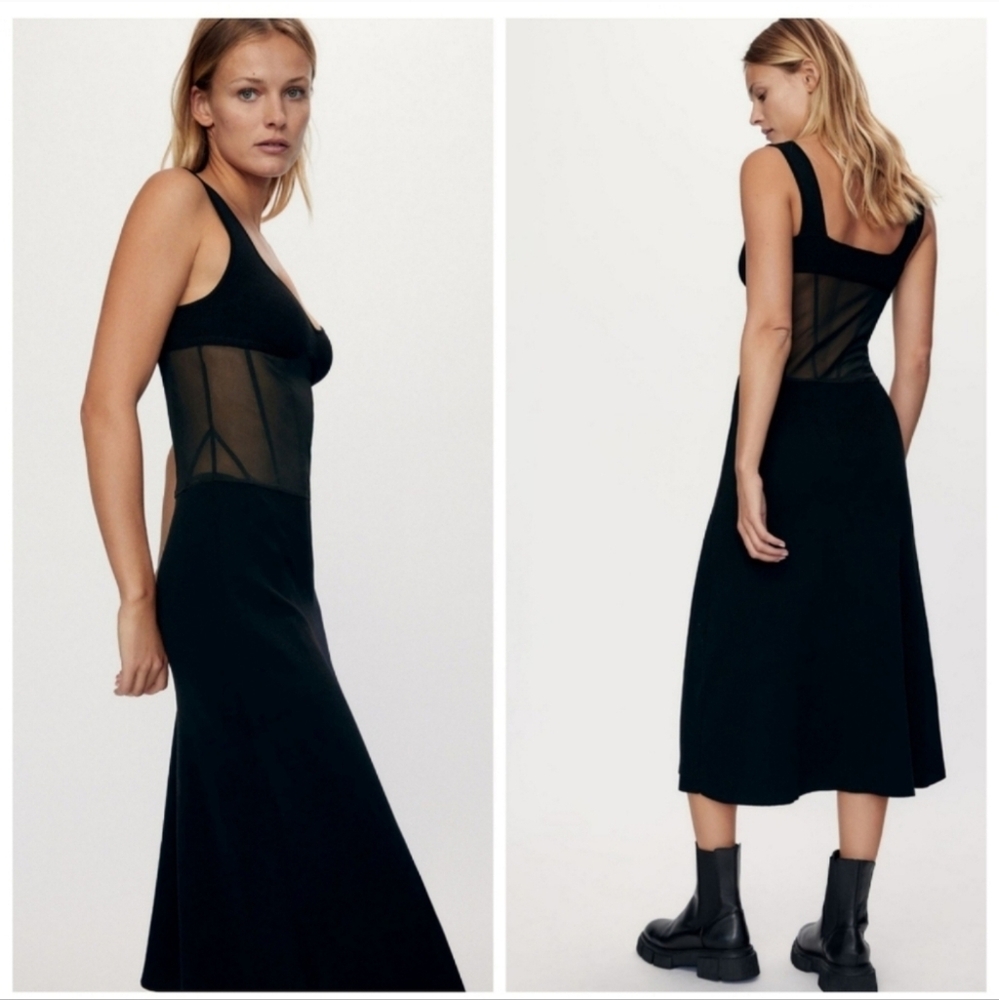 Zara Women Special Edition Strappy Combination Knit Black Midi Dress